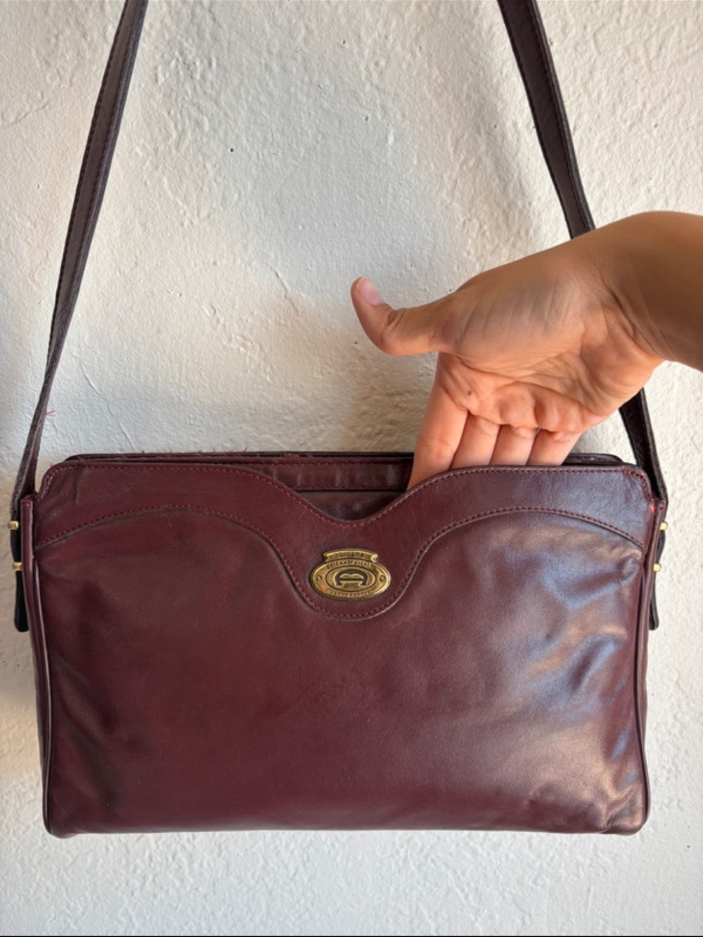 Etienne Aigner Burgundy Leather Shoulder Bag with Brass Accent